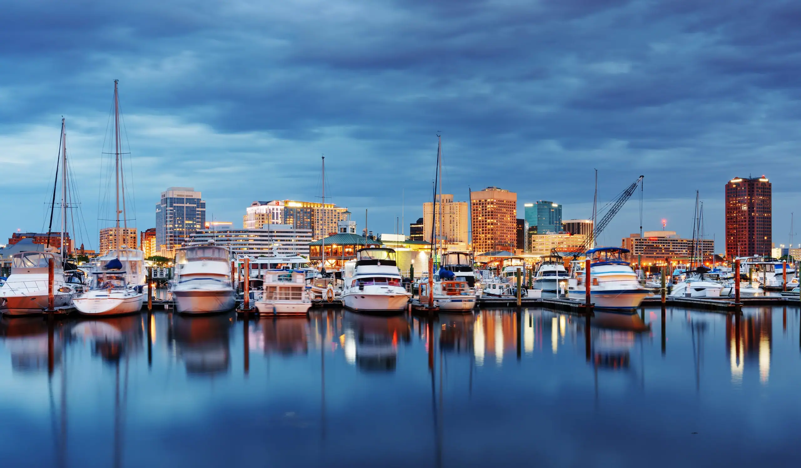 Norfolk waterfront at dusk