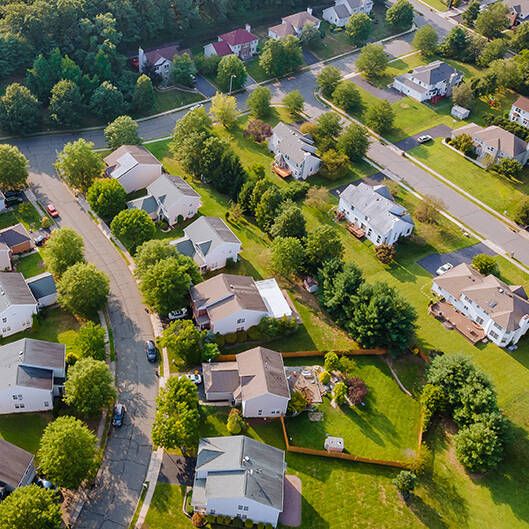 Overhead view of neighborhood with many houses